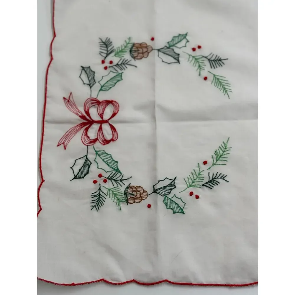 Vintage Hand Embroidered Christmas Dresser Scarves Wreath Holly Set of 2